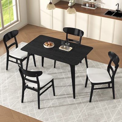 Mid-Century Modern Dining Collection‌ – Solid Rubberwood Table & 4 Plush Upholstered Chairs, Vintage-Inspired 5-Piece Set .