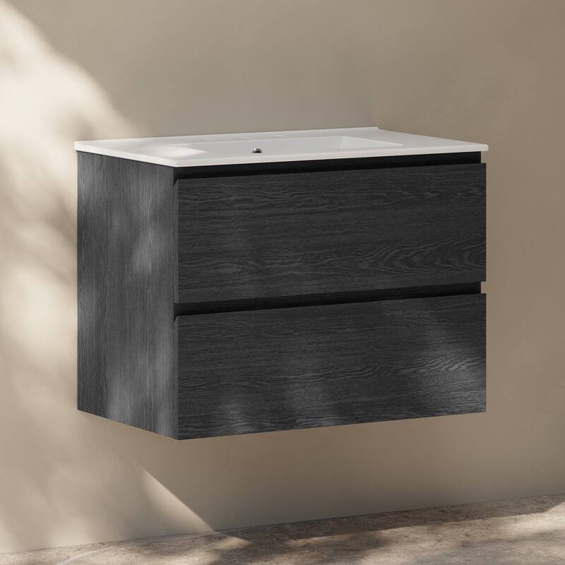 Liberte 30" Wall-Mounted Bathroom Vanity In Black Oak With 3-Hole Widespread Sink Top - 30