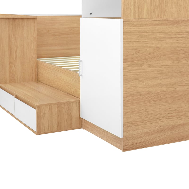 Full Size Wooden Platform Bed With 6 Drawers, Shelves, Desk And Wardrobe