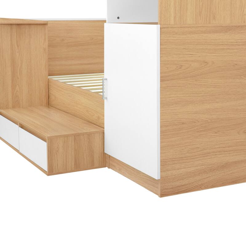 Full Size Wooden Platform Bed with 6 Drawers, Shelves, Desk, and Wardrobe