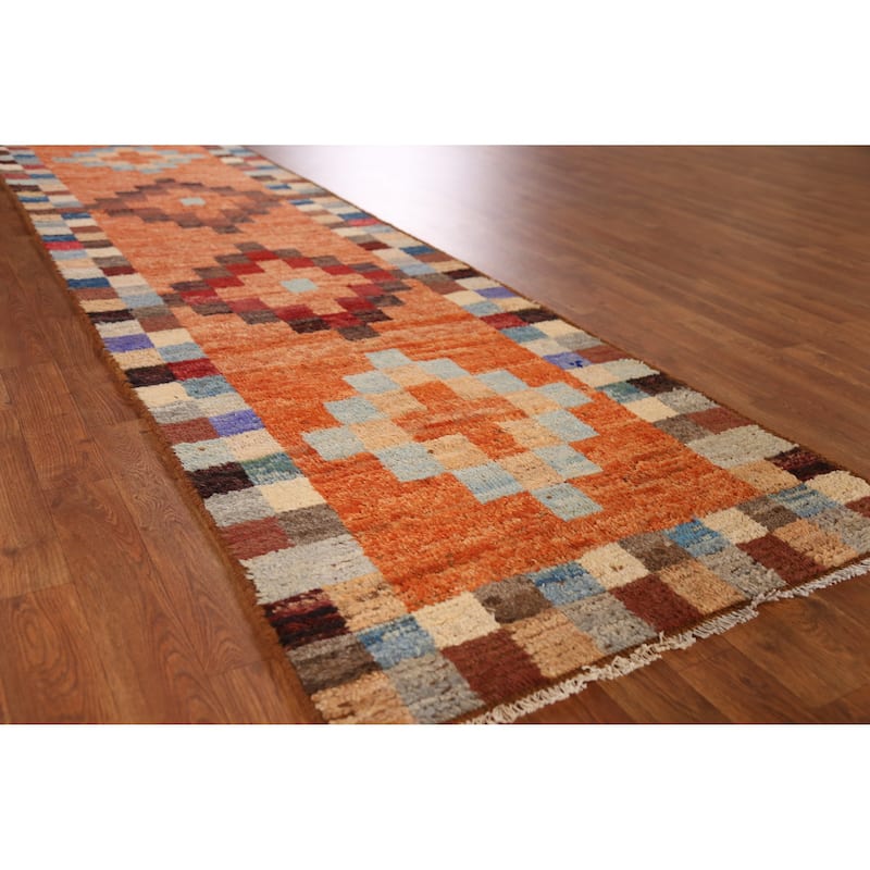 Geometric Moroccan Runner Rug Handmade Wool Carpet - 2'10" x 9'8" - 2'10" x 9'8" - Orange