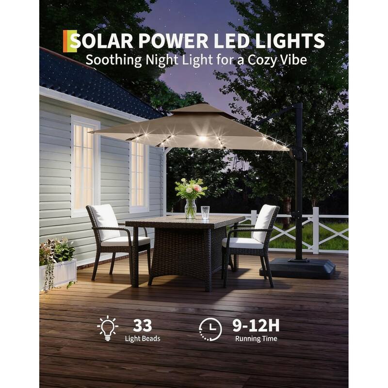 10x10Ft Square Solar LED Cantilever Umbrella , with Weighted Base