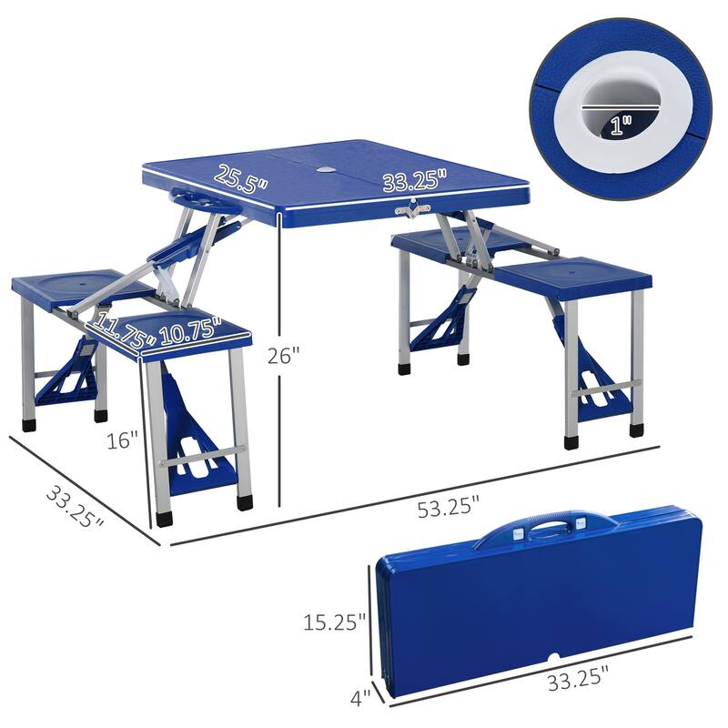 Portable Folding Picnic Table with Seats and Umbrella Hole, Multipurpose Table with Camping Chairs Set, 4-Seat, Aluminum Frame
