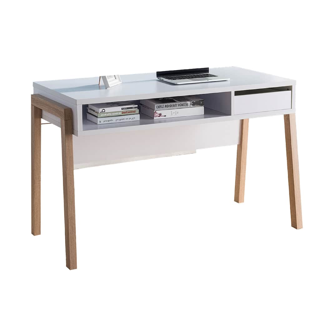 Writing Desk, 1 Drawer and Open Shelf, 47 Inch, Modern White and Brown