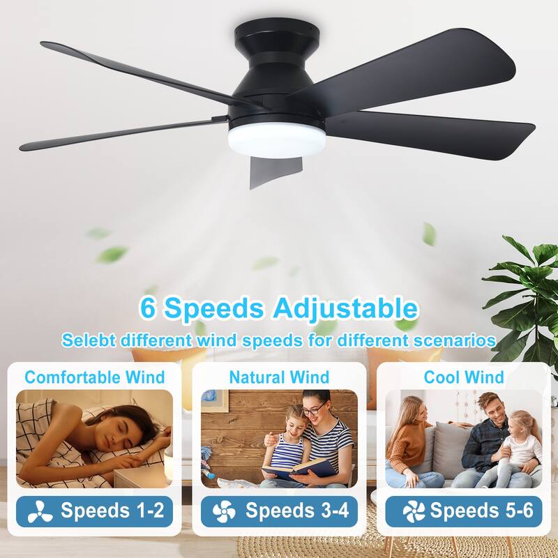 42/35 Inch Low Profile Ceiling Fan with Light: Dimmable, Remote Control, 6-Speed, 5 Blades