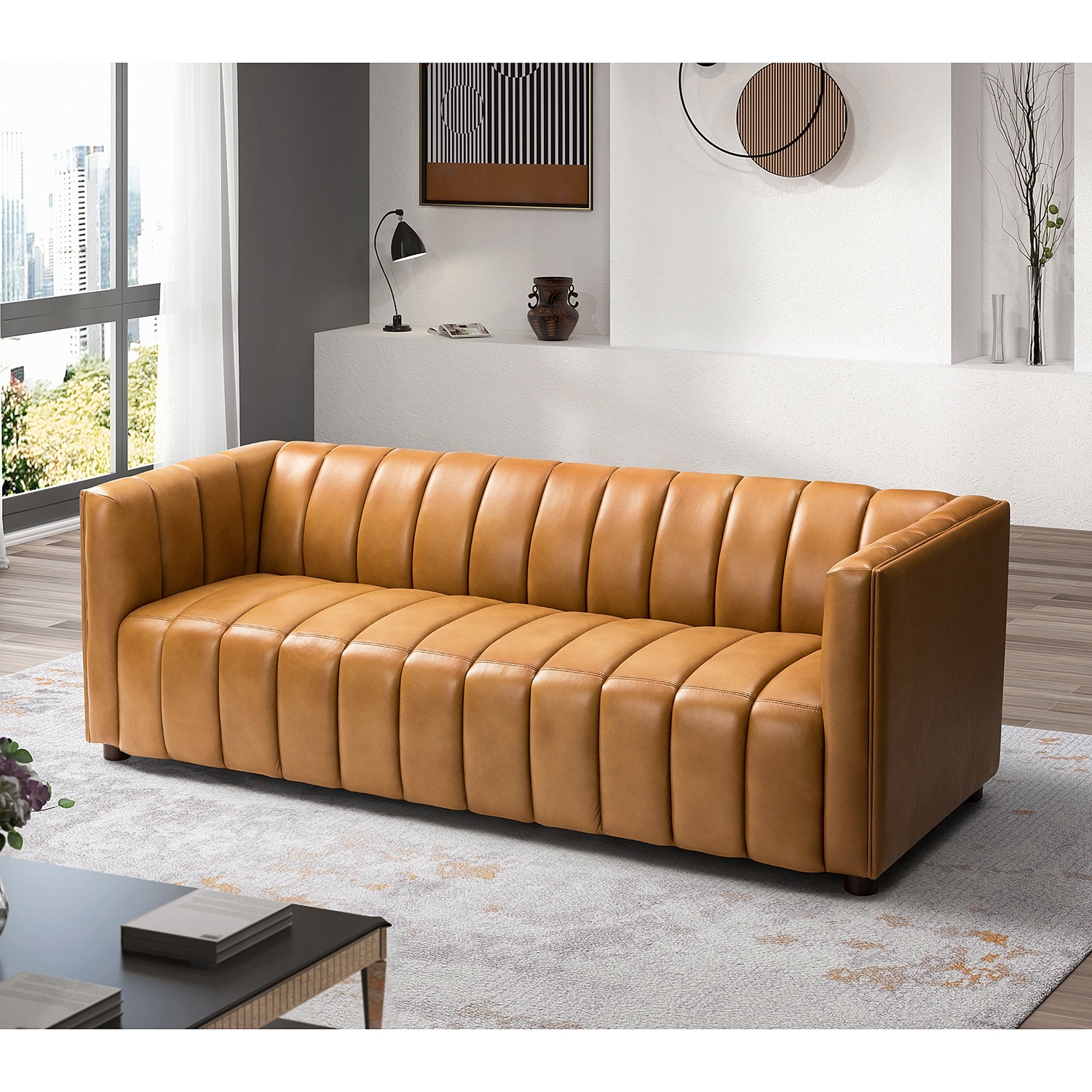 Tufted back sales leather sofa