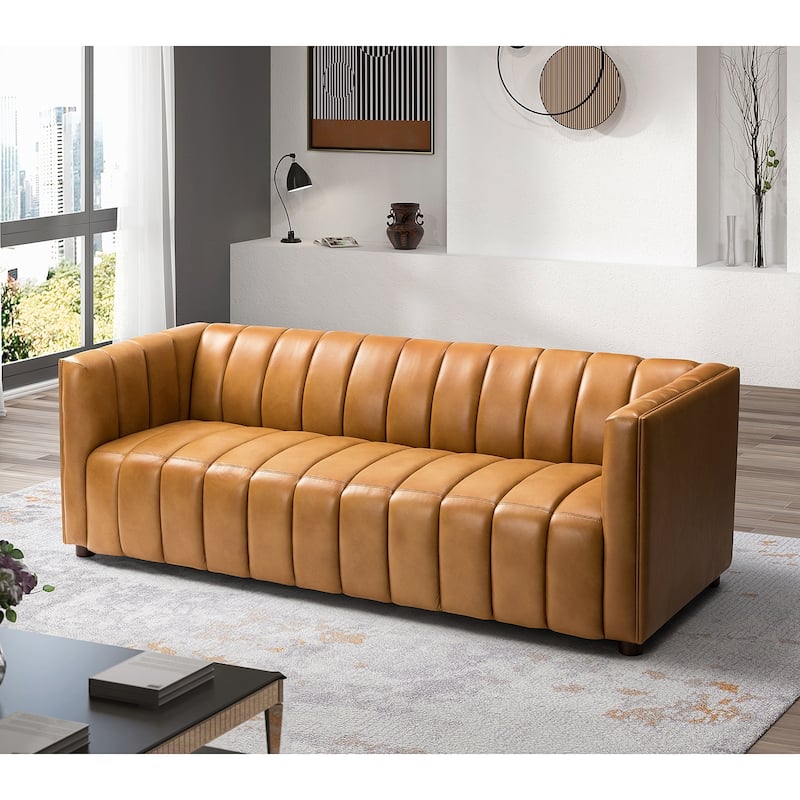 Olinto Modern 83-Inch Genuine Leather Curved Couch Sofa with Channel Back by HULALA HOME