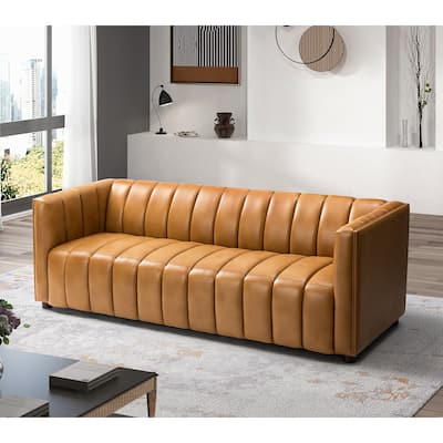 Olinto Modern Camel 83-inch Genuine Leather Curved Couch with Channel-tufted Back by HULALA HOME