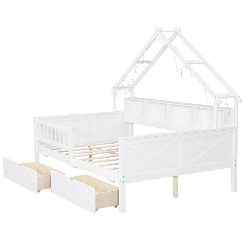 Wooden House Platform Bed with LED Light and 2 Storage Drawers, Full Size Daybed Sofa Bedframe with Storage Shelves & Guardrail