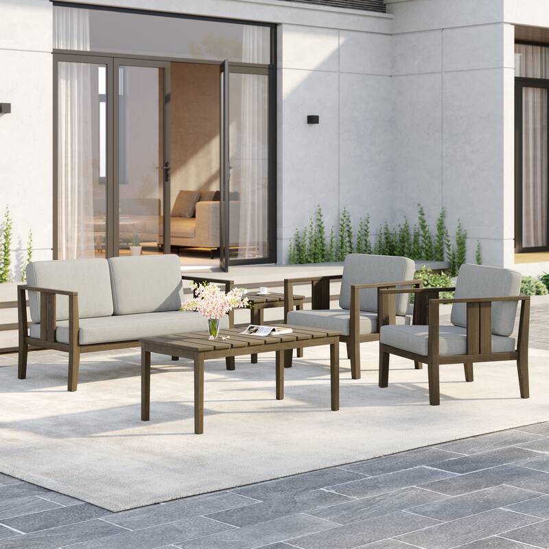 5-Piece Patio Furniture Solid Teak Outdoor Conversation Set - Light Camel - Naturalframe