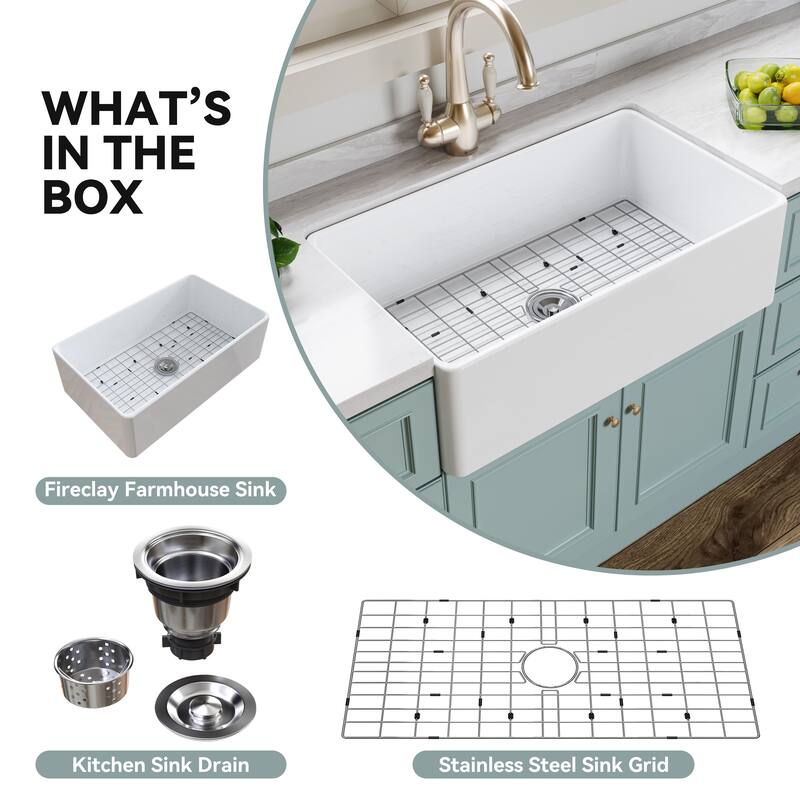 HOROW White Fireclay 33 in. Single Bowl Kitchen Sink Farmhouse Apron Front with Bottom Grid and Strainer - 33x20 Inch