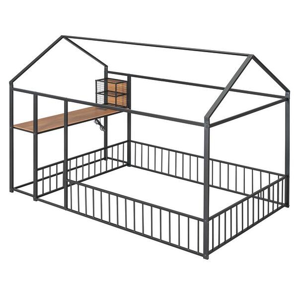 slide 2 of 17, Black Full Size Metal House Bed Frame w/Desk Power Outlets USB Ports Black - Full