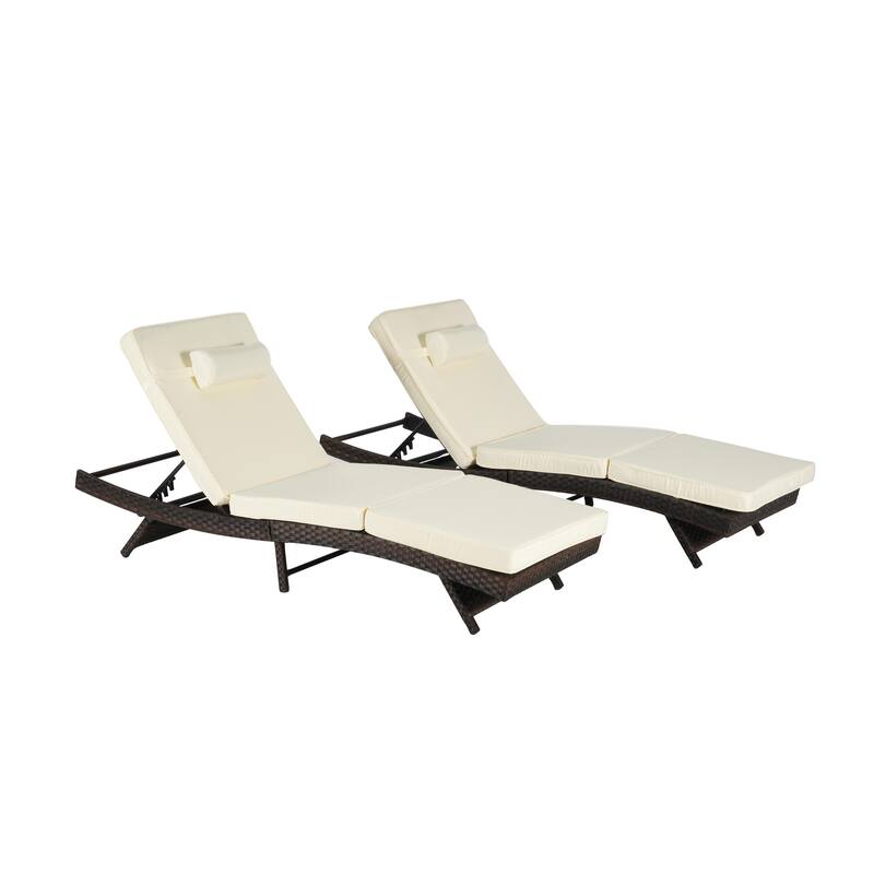 2 Piece Outdoor Wicker Long Reclining Chair Set, Sunbathing Recliner for Beach Poolside Garden