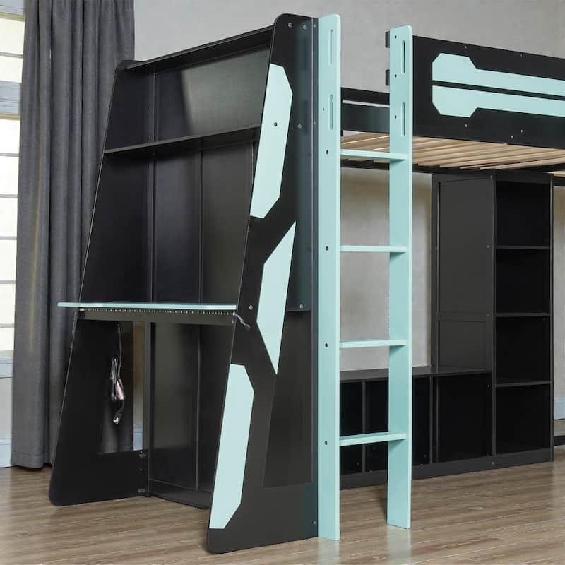 L-Shaped Twin Gaming Bed Frame with RGB LED Lights, USB Ports, TV Stand, Storage Shelves & Reversible Loft Design