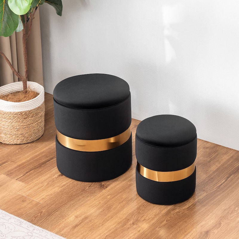 Adeco Set of 2 Velvet Storage Ottoman Round Foot Stool Metal Band