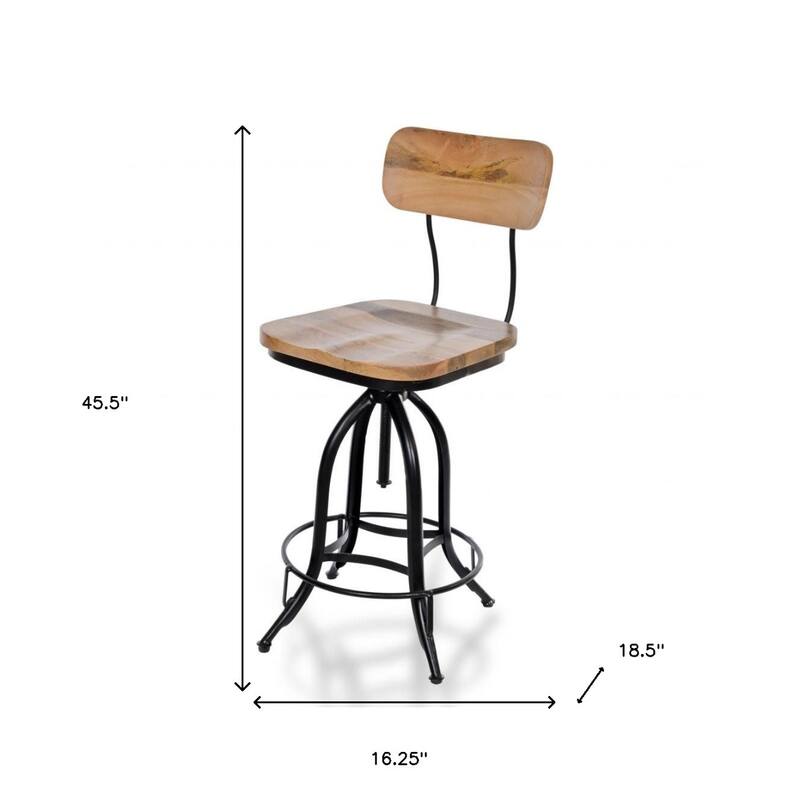 Modern Brown and Black Adjustable Height Swivel Bar Stool with Full Back and Footrest Support - 45.5”H x 16.25”W x 18.5”D