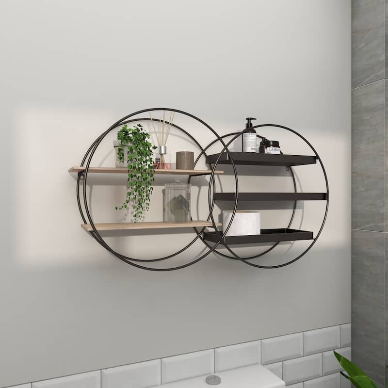 Metal Overlapping Circle 5 Level Geometric Wall Shelf with Wood Accents - Gold or Black