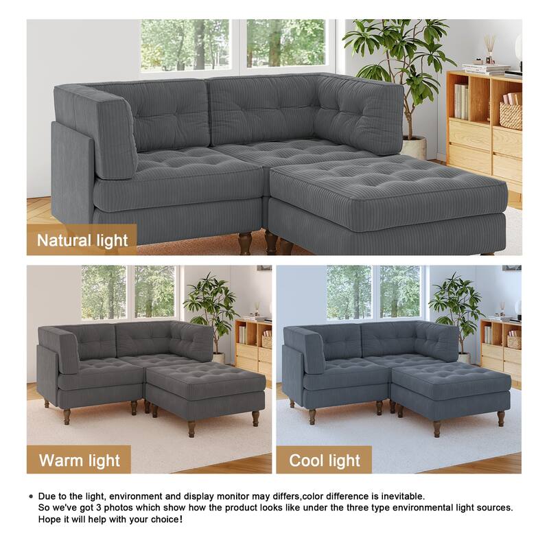 Corduroy Upholstered Modular Corner Sectional Sofa with Reversible Ottoman