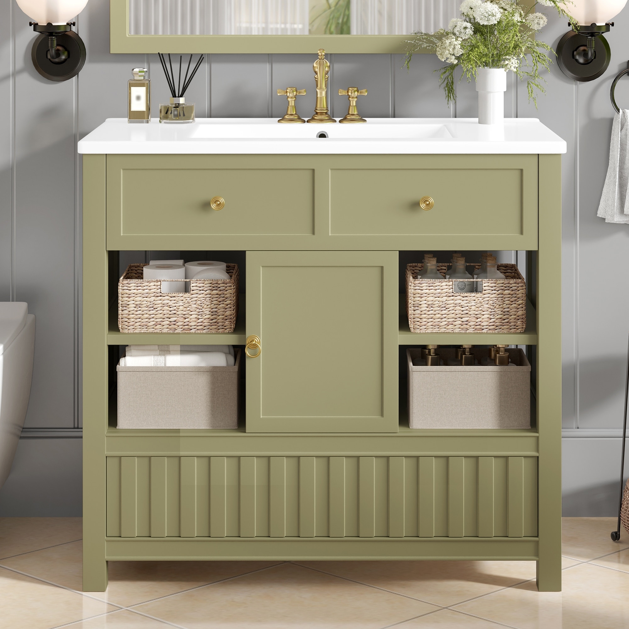 36" Bathroom Vanity with Sink – Multi-Functional Cabinet with Doors, Storage Shelves & Drawers. - 36"
