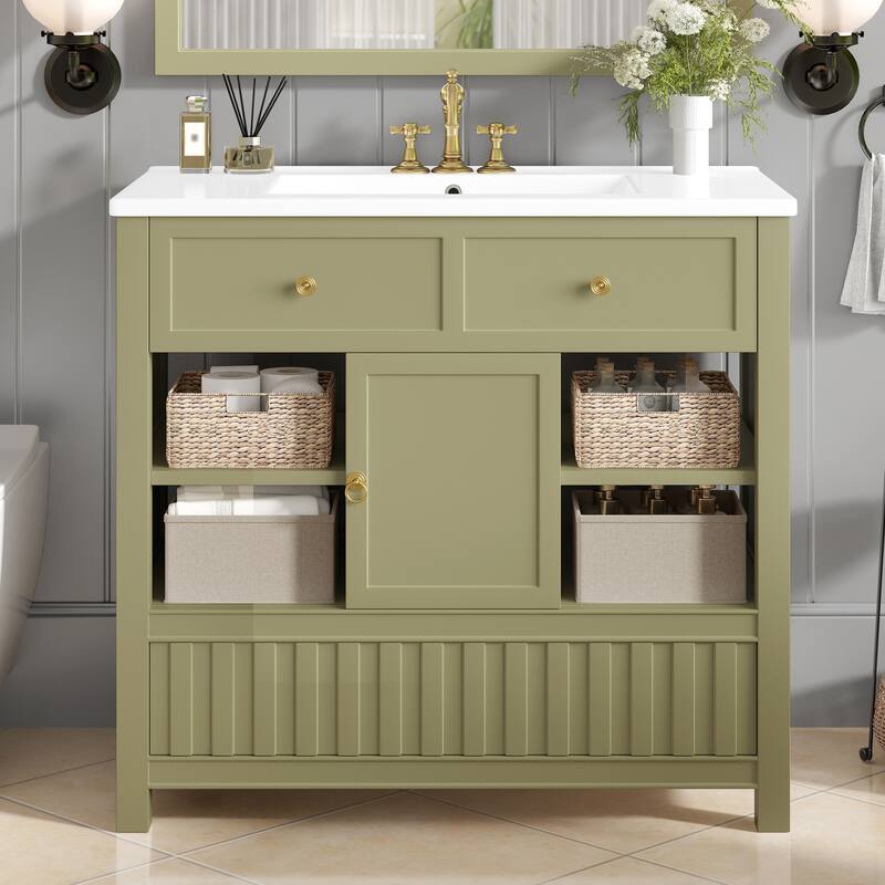 Bathroom Vanity with Sink, Freestanding Bathroom Storage Cabinet, Bathroom Sink Vanity with Open Shelves, Doors & Drawers - Green