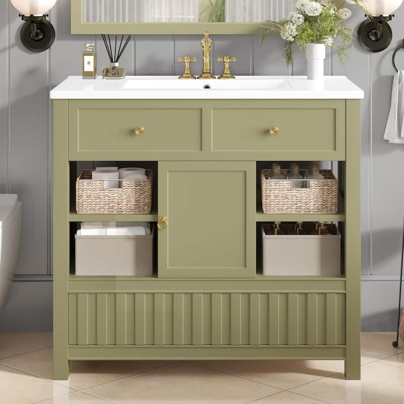 Roomfitters 36 Inch Bathroom Vanity with Sink, Solid Wood Cabinet with Side Shelves and Drawer - Green