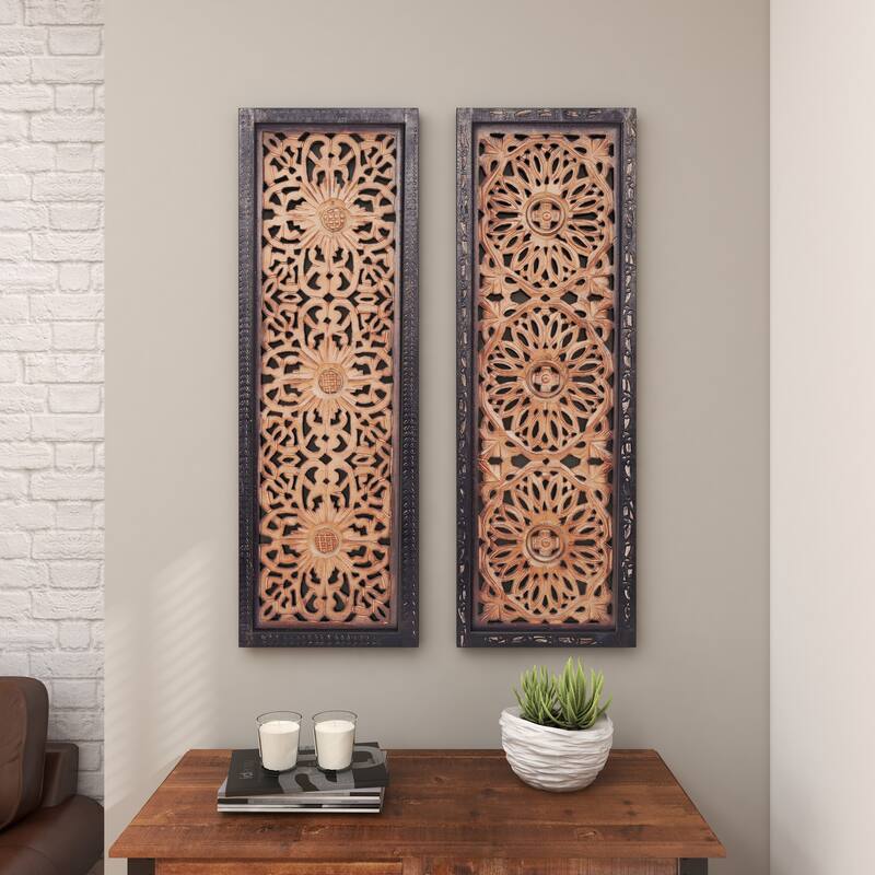 Wood Floral Handmade Intricately Carved Home Wall Decor - Set of 2 Brown - Roche River Decor