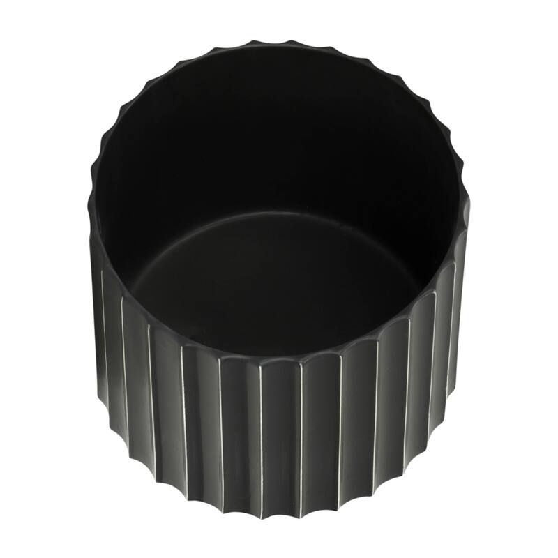 Ceramic Fluted Planter with Wood Stand - Black