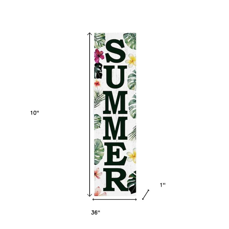 HomeRoots 36" Green Pink And White Solid Wood Tropical Floral Summer Porch Sign