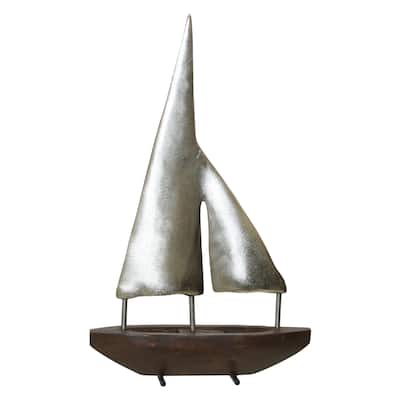 Small Pewter Sails - Natural Stained Wood Base Boat Sculpture with Pewter Metal Sails