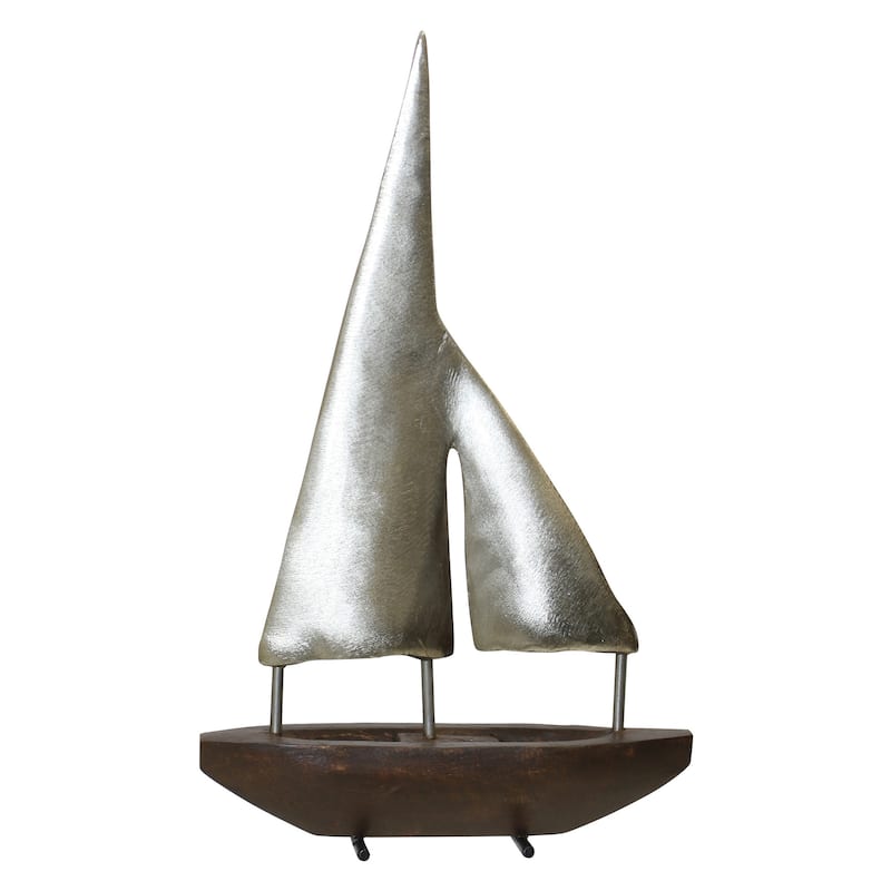 Small Pewter Sails - Natural Stained Wood Base Boat Sculpture with Pewter Metal Sails - Dark Wood And Pewter Sails