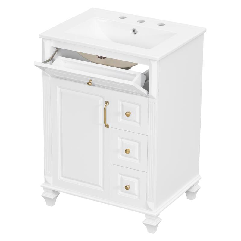 24"Bathroom Vanity with Sink, Freestanding Vanity Cabinet with Flip-Out Drawer, 3 Drawers & Storage Cabinet, Ceramic Sink Top