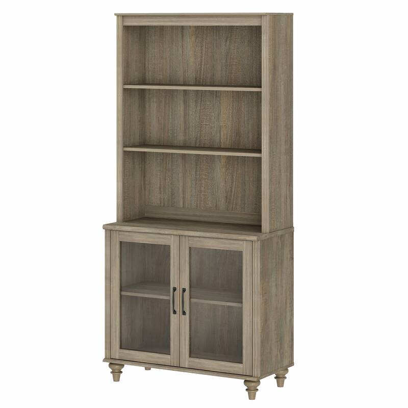 Wash Gray Bookcase with Doors, Large Wood Farmhouse Book Case Shelf - wash grey