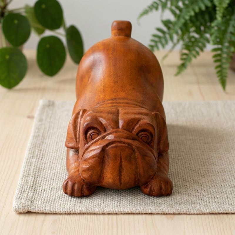 Wooden Hand Carved Crouching English Bulldog Statue Figurine Sculpture Art Decorative Home Decor Accent Handmade Wood Dog