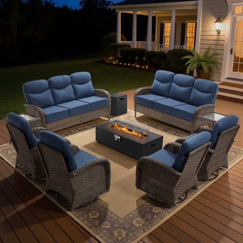 Meyreso 9-Piece Wicker Outdoor Patio Fire Pit Sofa Set with 6-Inch Thick Cushions