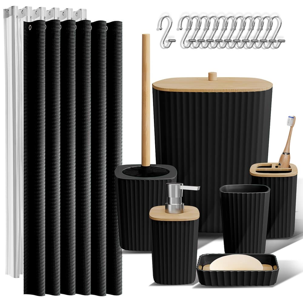 Empyrean Bamboo Bathroom Accessories Set with Shower Curtain Set, Toilet Brush, Trash Can & Soap Dispenser