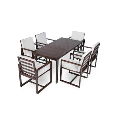 7 Piece Acacia Wood Patio Dining Set, Outdoor Dining Table and Chair Set with Built In Umbrella Hole and Removable Cushions