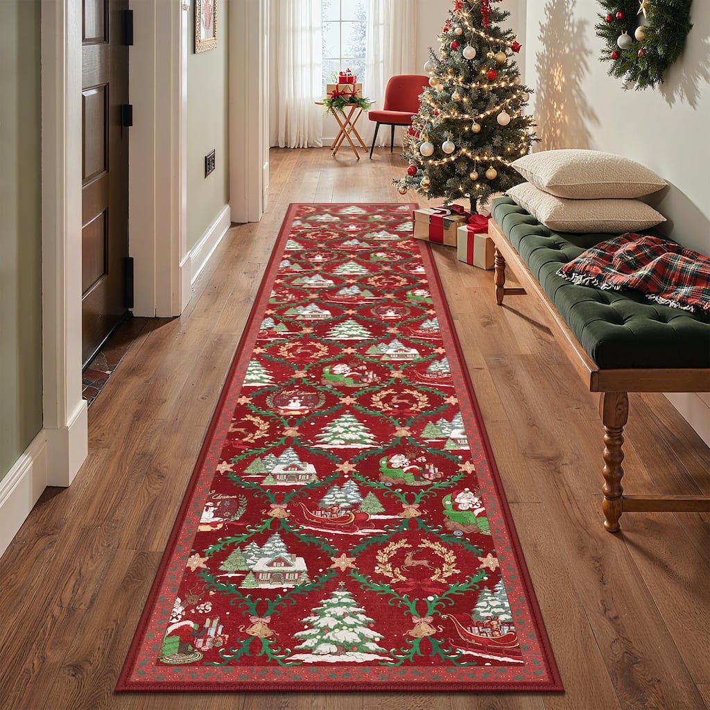 Mcow Christmas Motif Low-Pile Non-Slip Machine-Washable Area Rug