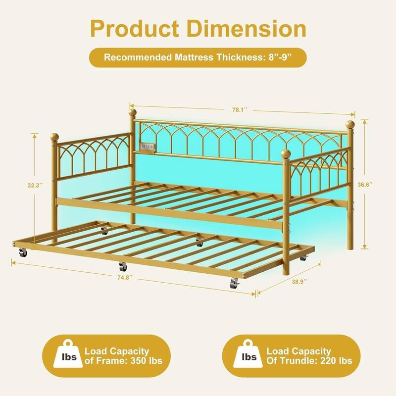 Heavy Duty Daybed, Twin Size Platform Sofa Bed Frame Set with Charging Station