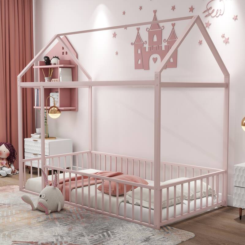 Kids' Twin/Full Metal House Bed Frame with Roof and Fence, Playful Sleep and Play Space, Sturdy Frame, Multiple Colors