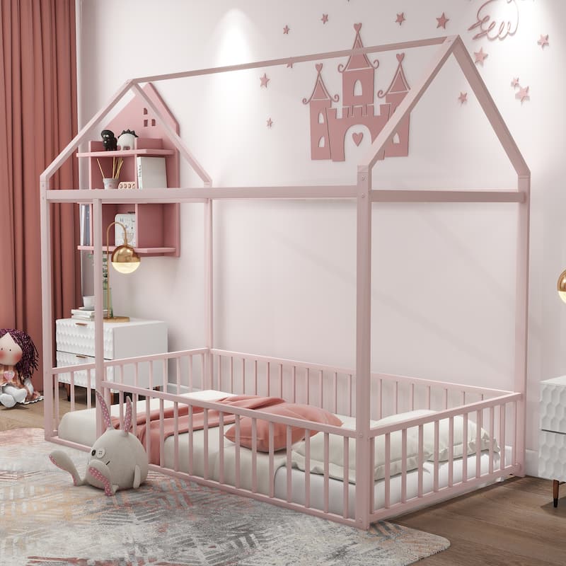 Pink Twin Size Metal House Bed Frame with Fence for Kids & Teens - Play & Sleep Design