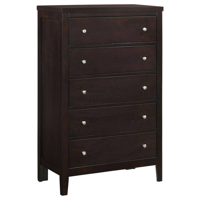 Con 48 Inch Tall 5 Drawer Dresser Chest, Silver Knobs, Cappuccino Brown