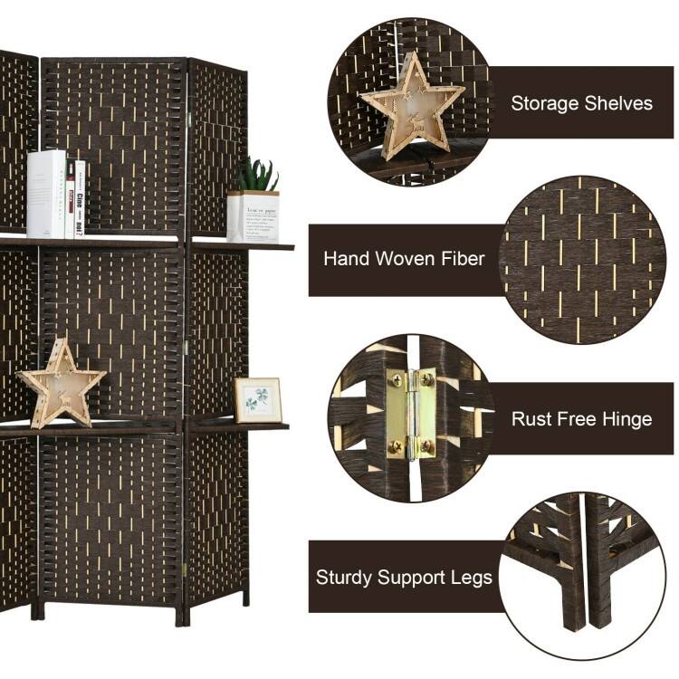 6 Panel Folding Weave Fiber Multipurpose Room Divider with 2 Display Shelves - 95" x 71" (L x H)