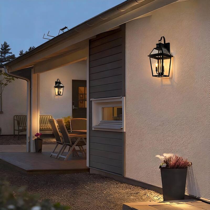 20 in. 3-Light Matte Black Outdoor Wall Lantern Sconce with Clear Glass - E12, 40W, Wet Rated, Farmhouse Style