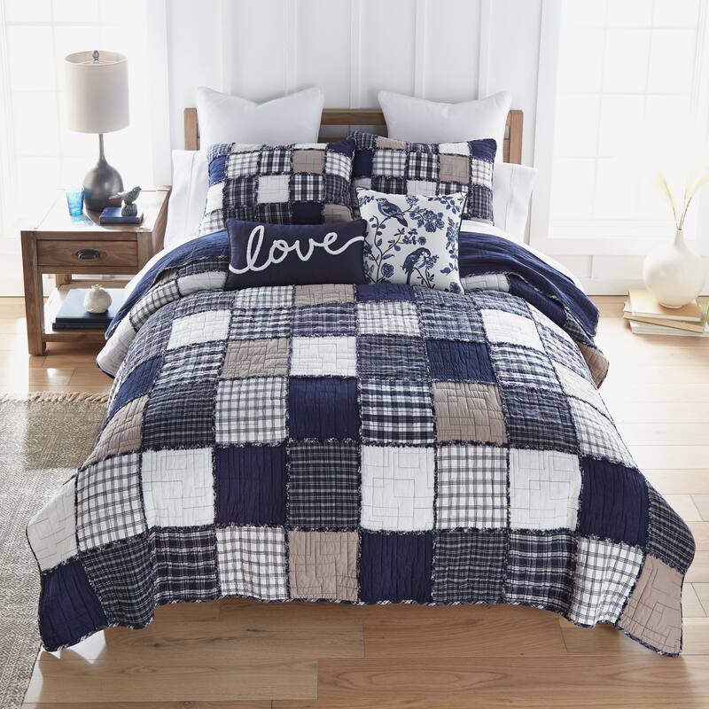 Donna Sharp Checkerboard Indigo 3PC Cotton Quilt Set - Queen