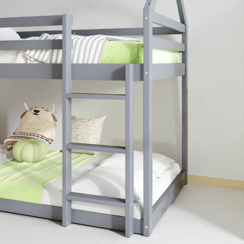 Twin Over Twin Floor Bunk Bed with House Roof Design, Rubber Wood Frame, Ladder and Guardrails for Kids Bedroom