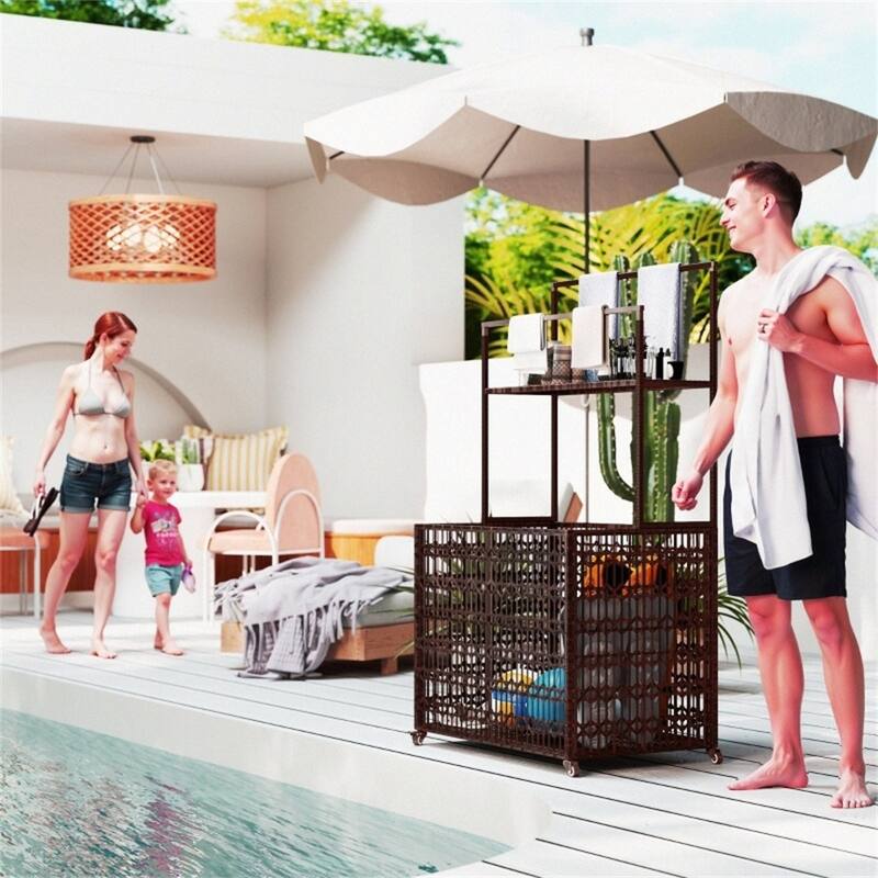 Mixed-Brown PE Rattan Pool Storage Basket with Steel Frame and Wheels - 34.6" W x 22.8" D x 59.4" H