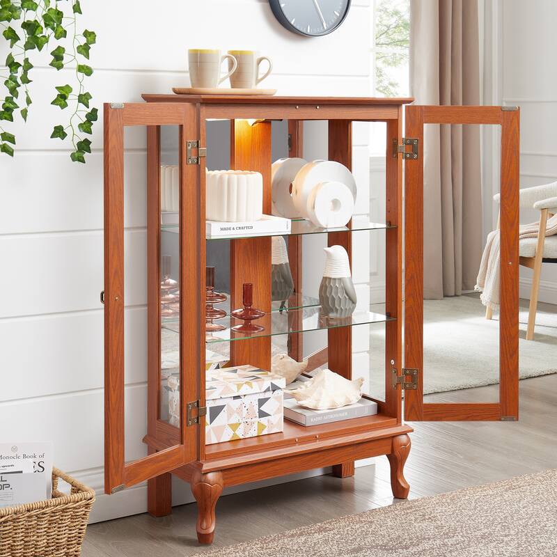 Lighted Display Cabinet with 2 Tempered Glass Doors and Adjustable Shelves