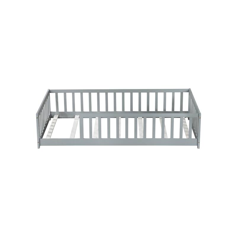 Montessori Twin Size Toddler Floor Bed with Fence without Door, Open-row Design Wood Frame Platform Bed with Safety Guardrails