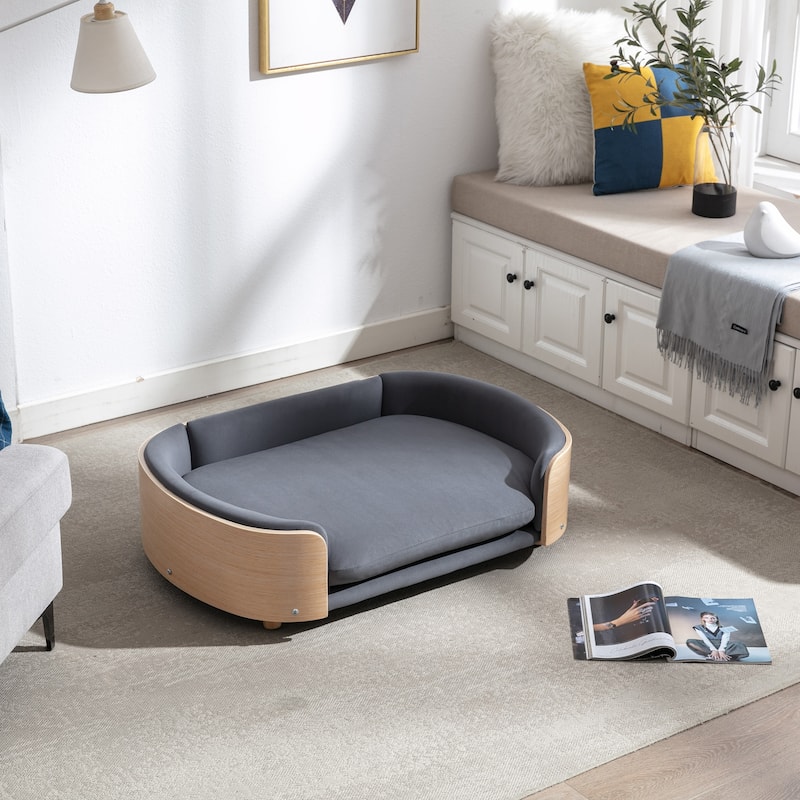 Scandinavian style Elevated Dog Bed Pet Sofa With Solid Wood legs and Bent Wood Back, Velvet Cushion,Large Size - DARK GREY