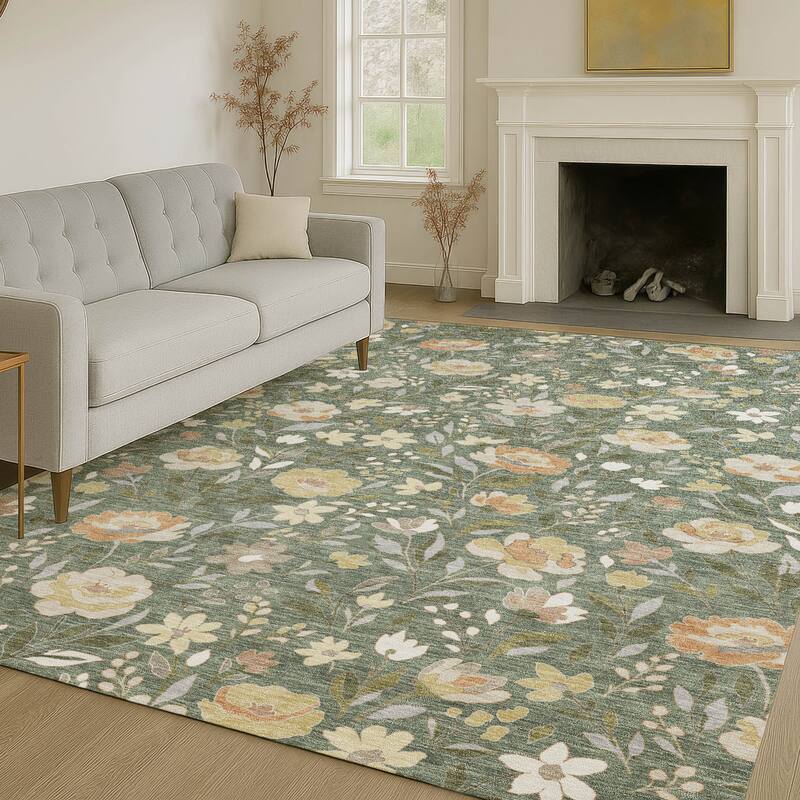 Machine Washable Indoor/ Outdoor Floral Garden Chantille Rug